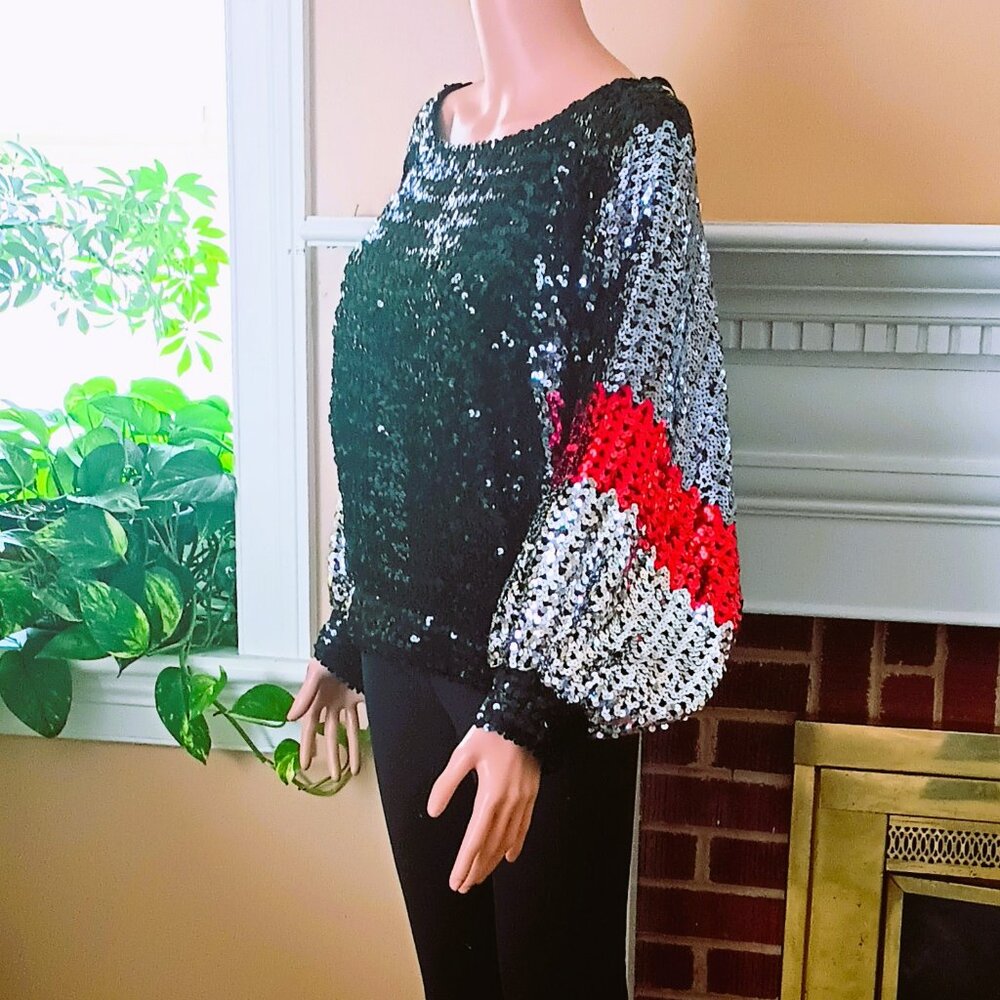 Vtg Lady Helene Sequin Evening Top 2X Black Red Silver Puff Dolman Sleeve Blouse